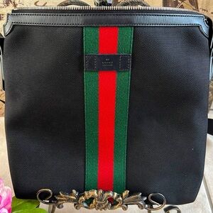 EUC GUCCI UNISEX MESSENGER LARGE BAG STYLE TECHNO WEB BLACK CANVAS